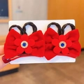 Pair of red velvet bow hair clips with blue gems and braided hair rabbit ear detail - Blue Rhinestone Braid (Hair Clip 024-Braid)