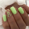 Matte neon green press-on nails with floral patterns and rhinestones on white fabric - Matte Green Flower Style With Black Jelly Glue(DW09)