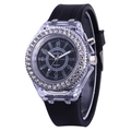Fashion women's quartz watch with black silicone strap and rhinestone-studded clear bezel - Black