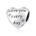 925 silver heart charm engraved with Love You Every Day and pink star zircons - 925 Silver / Heart Bead (Love you every day)