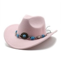 Pink wool felt western cowboy hat with bohemian beaded band on a white background - M(56-58cm) / Pink