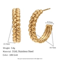 Chic 18K gold plated stainless steel C-shape earrings with a stylish twisted wave pattern - Cast Wheat C-Shaped Hoop Earrings - Gold