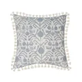 Detail of blue and beige botanical pillow cover featuring decorative tassel fringe edges - Blue-Grey Geometric Plant Tassel Style (PE20146P-1) / 45*45cm (No Core)