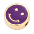 DIY gold-tone purple enamel round charm bead featuring a smiling face design - Smile-Purple