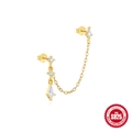 Orecchino doppio in argento S925 dorato con catena a nappa e zirconi bianchi - Singolo Oro - Orecchino a Bottone con Catena Collegata