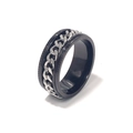 Detailed side view of men's rotatable stainless steel ring with black chain inlay - Black Base Steel Chain Embossed