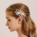 Golden bridal hair comb featuring beige flowers, pearls and leaves on gold metal finish - 3# Gold Hair Clip