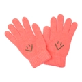 Close-up of coral knit winter gloves with green decorative stitching and ribbed cuffs - One Size / Coral