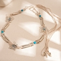 Detail of bohemian butterfly waist chain with beige woven rope and silver metal charms - Silver Butterfly Style
