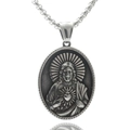 Detailed view of silver stainless steel Sacred Heart of Jesus oval pendant and box chain - Sacred Heart of Jesus