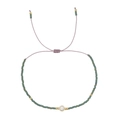 Bohemian lavender cord bracelet with matte green beads and white freshwater pearl - Grey Green