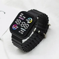Sleek black digital sports watch with wavy silicone strap and color LED display interface - Black-Black