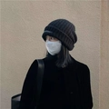 Winter knitted black bear beanie for women with ear protection and plush warm lining - Long Label Black