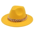 Close-up of yellow wool fedora hat featuring a chunky gold acrylic chain decoration - M (56-58cm) / Yellow