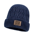 Thick navy blue fleece-lined knit beanie with fashion patch for winter warmth - Navy Blue