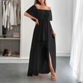 Elegante abito lungo nero senza spalline con maniche a volant e spacco alto da donna - 2XL / Nero