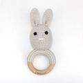 Light gray crochet bunny rattle with wooden ring handle and I love MOM engraving - Large Rabbit