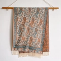 Ethnic paisley cashmere scarf for women in orange and blue with fringe tassels - 70*180cm / T131-05 Orange Blue Beige