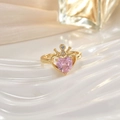 Macro detail of gold crown ring with a pink heart gemstone and micro-pave crystals - Pink Heart Crown Style (JZ0136B)
