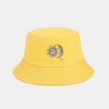 Close-up detail of yellow bucket hat featuring embroidered sun and moon art design - M (56-58cm) / Yellow