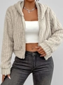 Elegante chaqueta con capucha blanco crema con cremallera y textura de vellón para mujer - S / Albaricoque gris