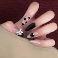 Uñas postizas negras hechas a mano con purpurina plateada, corazones y lazos en 3D - Estilo Almendra Corazón Negro Mariposa (D-190) / Tipo de Pegamento