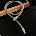 Close-up of silver mesh chain necklace with gemstone-encrusted snake head and tail details - 50# Necklace - Silver - Snake Mesh Chain Rhinestone
