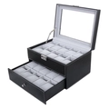 Double-layer black leather watch box with transparent glass lid and gray velvet pillows - 20 Slots Double Layer / Black/Grey Interior
