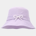 Detailed view of lavender bucket hat featuring a delicate white pearl bow embellishment - Purple
