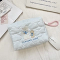 Detail of light blue quilted makeup bag with cute sheep embroidery and pink zipper - Sheep Bear (Cloud)