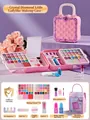 Pink washable kids makeup kit vanity case with 54-color palette and beauty accessories - Crystal Diamond Lady Makeup Box