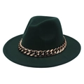 Detail of dark green felt fedora hat featuring a chunky rose gold acrylic chain decoration - Dark Green