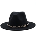 Detail of black wool fedora featuring a zebra print leather band and silver metal buckle - M (56-58cm) / Black