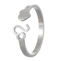 Silver Leo zodiac open ring in polished stainless steel with heart and symbol detail - Adjustable Open / Leo / Steel