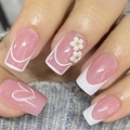 Short square press-on nails featuring pink gradient, 3D white flowers and heart patterns - French 3D Flower Heart Style (With Yellow Jelly Glue)