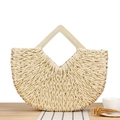 Beige hand-woven beach bag with gold thread and geometric wooden handle on a wooden stand - Beige