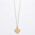 Macro shot of gold cross necklace with embossed religious pendant details and measurements - Cross