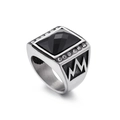 Bague hip-hop en acier argenté avec pierre noire rectangulaire et détails en zircone - US 10 / Argenté