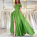 Robe de soirée élégante en satin vert avec col bateau et fente haute sexy - S / Vert