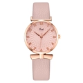 Fashionable women's quartz watch in pink leather with rose gold case and bow accent - Pink