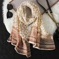Bohemian off-white chiffon scarf with dark brown geometric patterns and soft texture - Beige Geometric