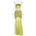 Detailed view of light green strapless fisheye dress with lace mesh and ruched texture - S / Green
