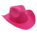 Detail of rose pink straw cowboy hat showing intricate weave texture and curled brim - Rose Red