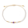 Pulsera bohemia de ojo turco púrpura con cordón blanco hecho a mano y cuentas doradas - Lavanda