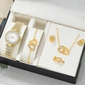 Elegant 5-piece gold jewelry set with rhinestone watch and interlocking heart design in box - Gold Rhinestone (5pcs Set)