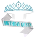 Silver Birthday Queen sash with glitter finish and matching blue rhinestone crown tiara set - Set 20 (Silver + Sky Blue Birthday Queen)