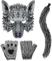 Wolf costume set with realistic grey mask, faux fur gloves, and matching tail for Halloween - Realistic Wolf Mask + Gloves + Tail 4-Piece Set