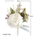 White artificial rose boutonniere with green leaves and white ribbon, 14cm height - Corsage / Ivory
