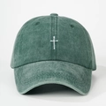 Vintage dark green washed cotton baseball cap with white cross embroidery and sun protection - Dark Green