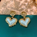 Vintage heart earrings in gold finish with white pearl center on green jewelry box - Silver Earring Post Wrinkled Flower Pearl Heart Earrings